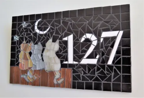 Placa Número para Casa em Mosaico Gatinhos