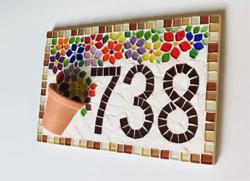 Placa Número para Casa em Mosaico Vaso de Flor