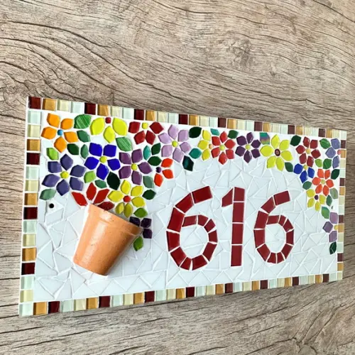 Placa Número para Casa em Mosaico Vaso de Flor
