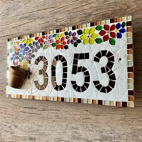 Placa Número para Casa em Mosaico Vaso de Flor