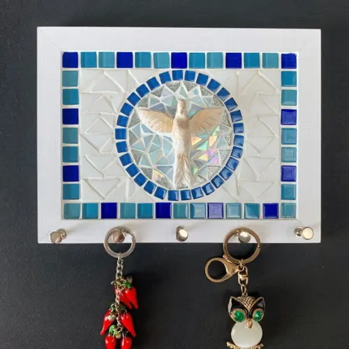 Porta Chaves Mosaico Divino Branco e Azul