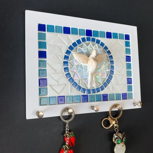 Porta Chaves Mosaico Divino Branco e Azul