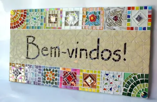 Quadro Bem-vindos em Mosaico Bege Externo
