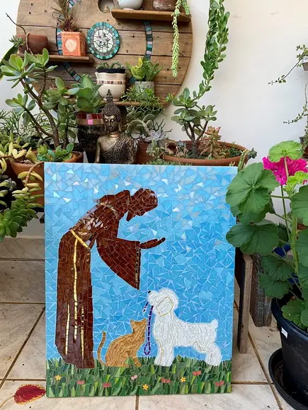 Quadro São Francisco com Cão e Gato em Mosaico