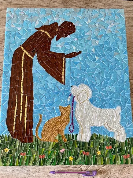 Quadro São Francisco com Cão e Gato em Mosaico