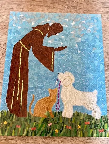 Quadro São Francisco com Cão e Gato em Mosaico