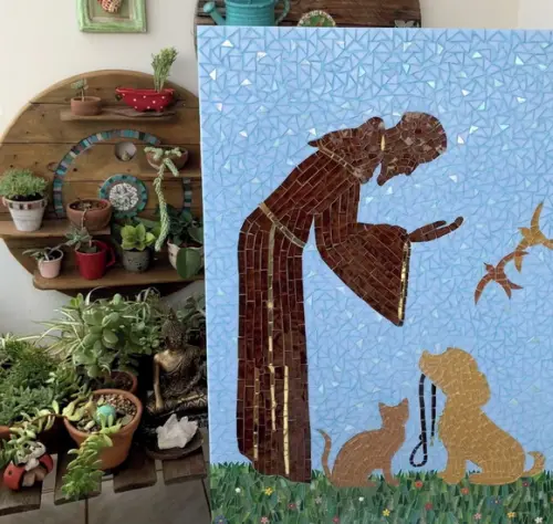 Quadro São Francisco com Cão, Gato e Pássaros