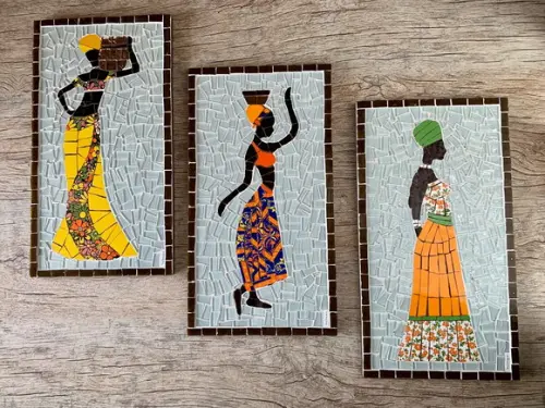 Trio de Quadros em Mosaico Africanas
