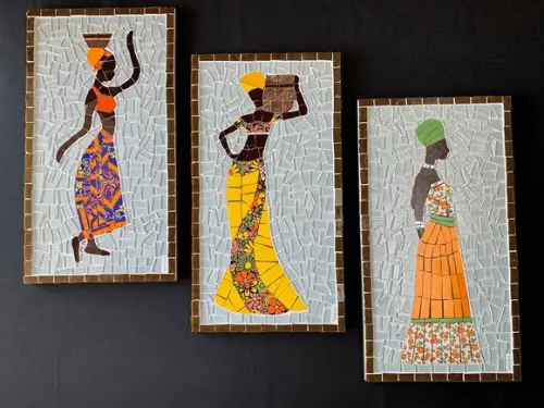 Trio de Quadros em Mosaico Africanas