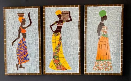 Trio de Quadros em Mosaico Africanas