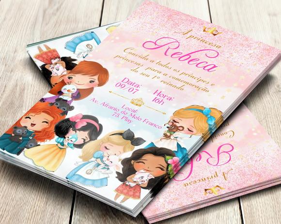 Convite Impresso Princesas da Disney Cute Aquarela