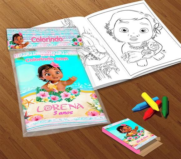 Kit Colorir Moana (livrinho + Giz de Cera)