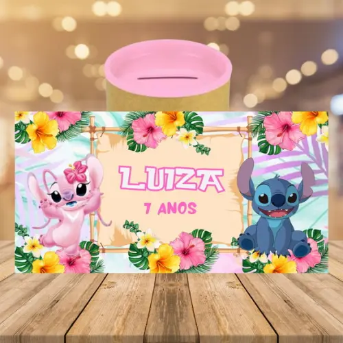 Adesivo para Cofrinho Stitch e Angel