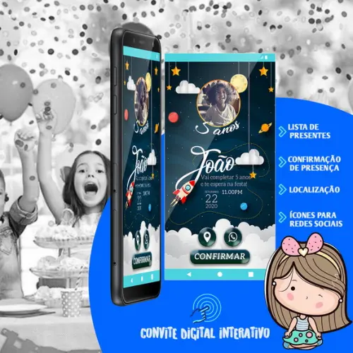 CONVITE DE ANIVERSÁRIO DIGITAL INTERATIVO-ASTRONAUTA