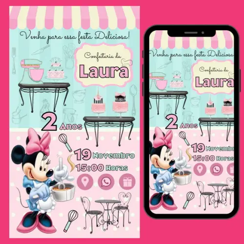 Convite Digital Interativo Minnie Confeiteira