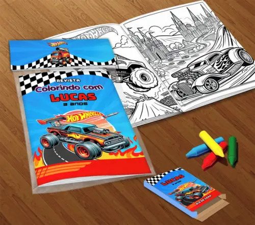 Kit Colorir Hot Wheels(livrinho + Giz de Cera)