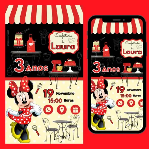 Convite Digital Interativo Minnie Vermelha Confeiteira