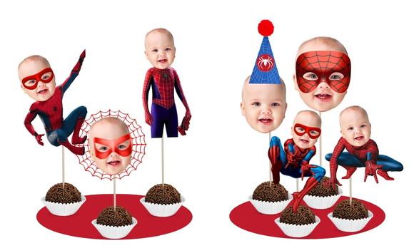 Homem Aranha Topo de Bolo + 20 Toppers com Fotos Rostinhos