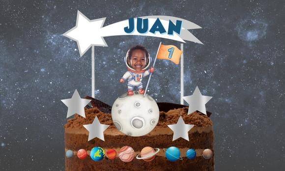 Kit Astronauta com Foto Topo de Bolo + 20 Tags para Docinhos