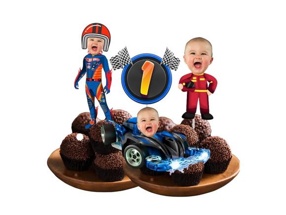 Kit Hot Wheels Topo de Bolo + 20 Tags para Docinhos com Foto