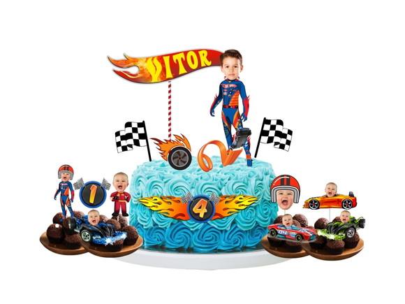 Kit Hot Wheels Topo de Bolo + 20 Tags para Docinhos com Foto