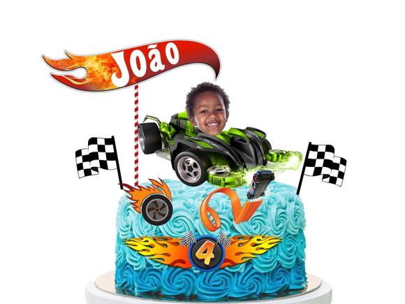 Kit Hot Wheels Topo de Bolo + 20 Tags para Docinhos com Foto