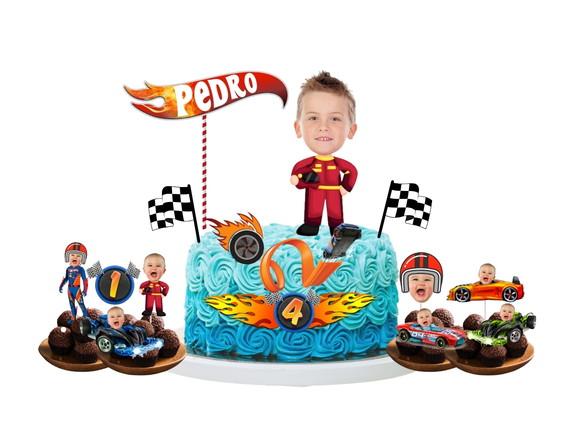 Kit Topo de Bolo + 20 Toppers Docinhos com Foto Hot Wheels