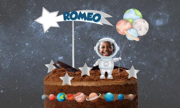 Topo de Bolo Astronauta com Foto, Nome e Idade