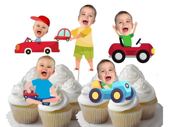Topo de Bolo Carrinho com Sua Foto + 20 Toppers Doces