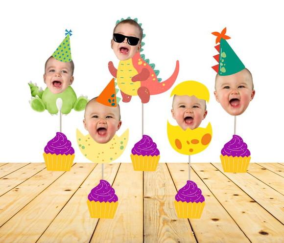 Toppers Dino Baby com Sua Foto para Docinhos- 10 Modelos