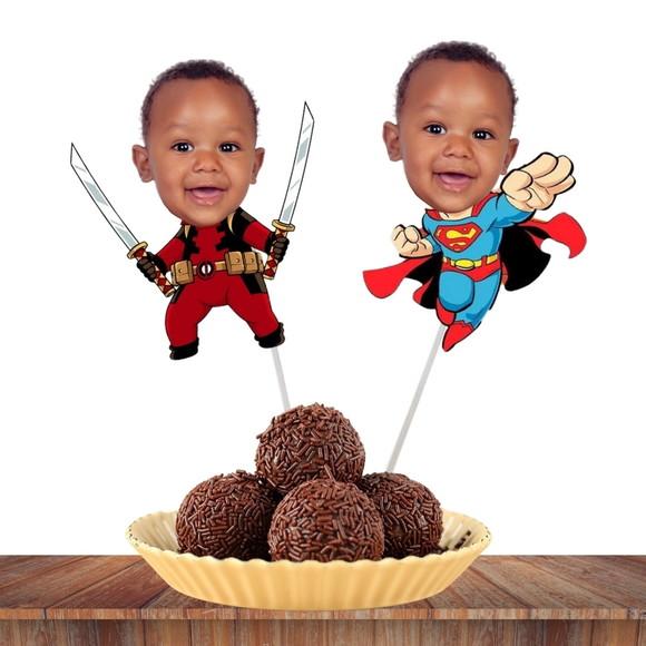 Toppers Super-heróis com Foto para Docinhos, Petiscos e Cupc