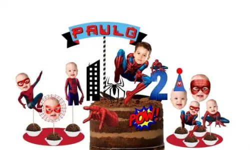 Homem Aranha Topo de Bolo + 20 Toppers com Fotos Rostinhos