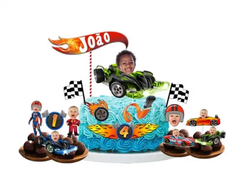 Kit Hot Wheels Topo de Bolo + 20 Tags para Docinhos com Foto