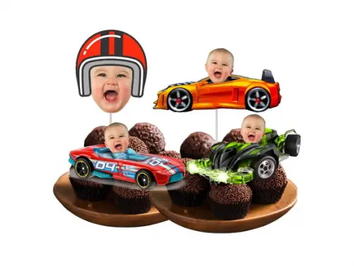 Kit Hot Wheels Topo de Bolo + 20 Tags para Docinhos com Foto