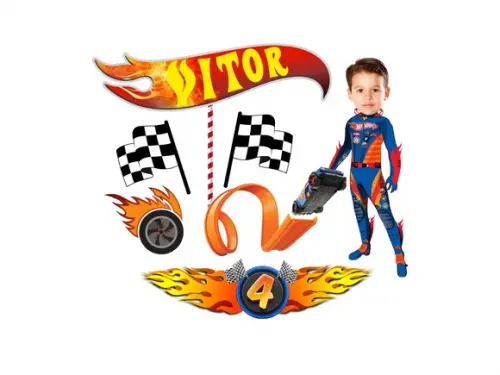 Kit Hot Wheels Topo de Bolo + 20 Tags para Docinhos com Foto