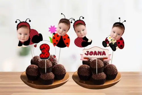 Kit Joaninha Topo de Bolo + 20 Tags para Docinhos com Foto
