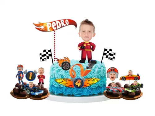Kit Topo de Bolo + 20 Toppers Docinhos com Foto Hot Wheels