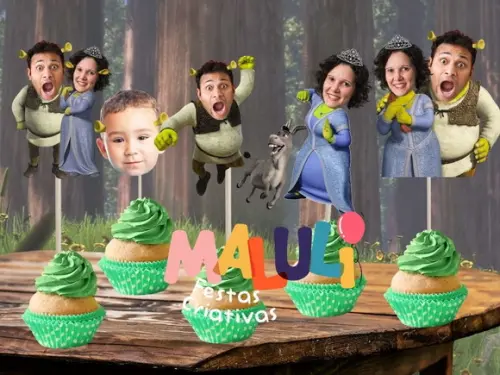 Kit Topo de Bolo + 20 Toppers Docinhos Família Shrek 4 Fotos