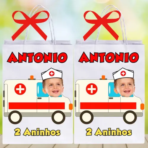 Sacolinha para Lembrancinha com Sua Foto Tema Ambulância