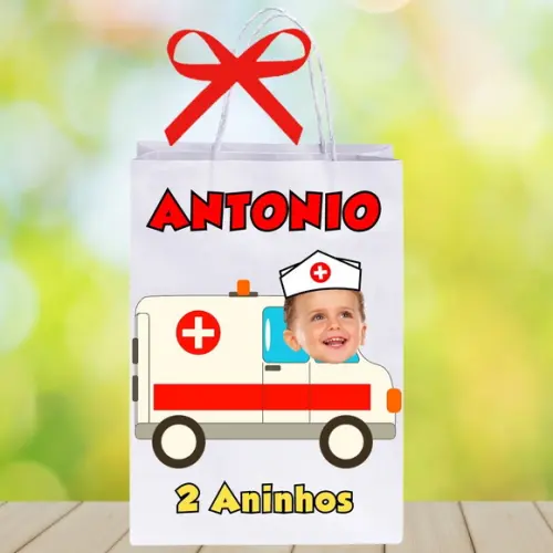 Sacolinha para Lembrancinha com Sua Foto Tema Ambulância