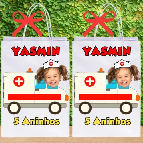 Sacolinha para Lembrancinha com Sua Foto Tema Ambulância