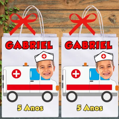 Sacolinha para Lembrancinha com Sua Foto Tema Ambulância