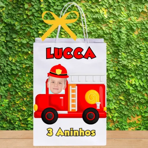 Sacolinha Personalizada com Foto Bombeiro para Lembrancinhas