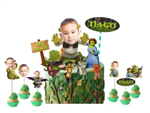Shrek Topo de Bolo + 20 Toppers com Fotos Rostinhos
