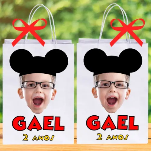 Sua Foto no Mickey Sacolinhas Personalizadas Nome + Idade