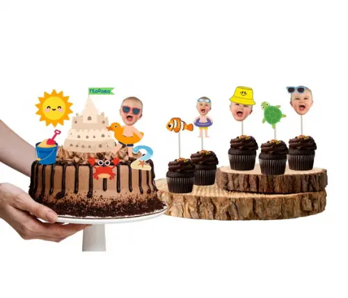 Topo de Bolo + 20 Toppers Doces Praia Verão com Foto