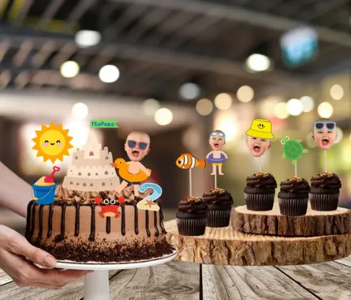 Topo de Bolo + 20 Toppers Doces Praia Verão com Foto