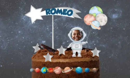 Topo de Bolo Astronauta com Foto, Nome e Idade