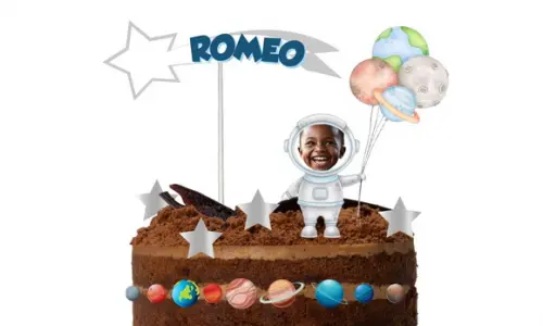 Topo de Bolo Astronauta com Foto, Nome e Idade