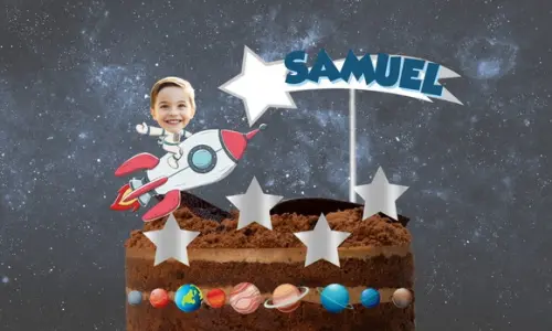 Topo de Bolo Astronauta com Sua Foto, Nome e Idade